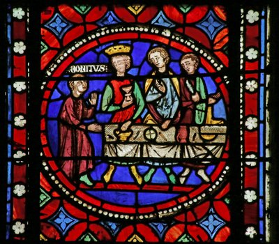 Vidriera que representa una escena de la vida de San Bonnet: San Bonnet yendo a trabajar para el rey Sigeberto II de Austrasia de French School